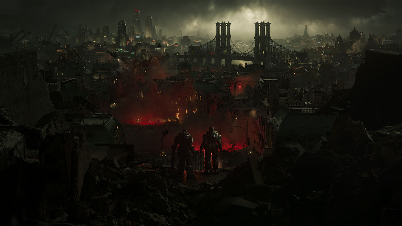 Marcus and Dom overlooking a burning city in official E-Day artwork