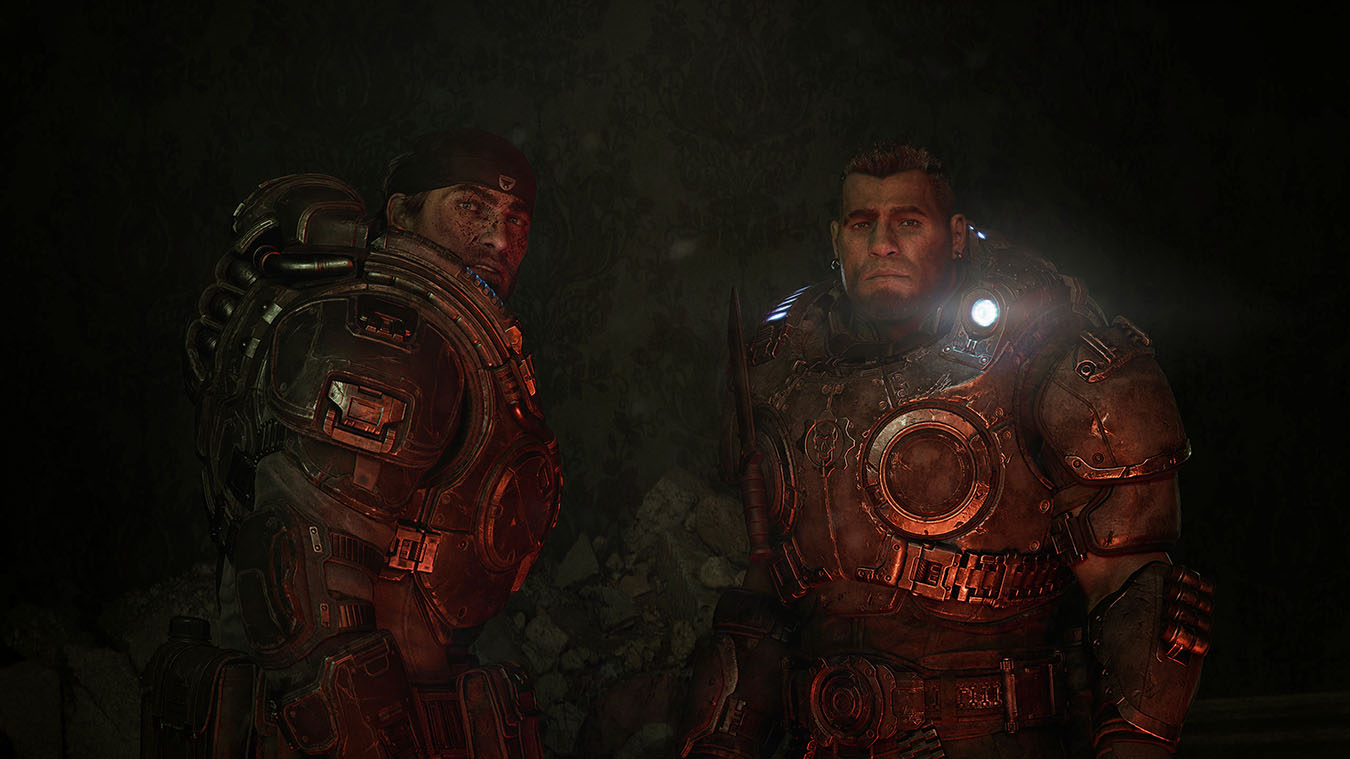 Marcus Fenix and Dominic Santiago in worn COG armor